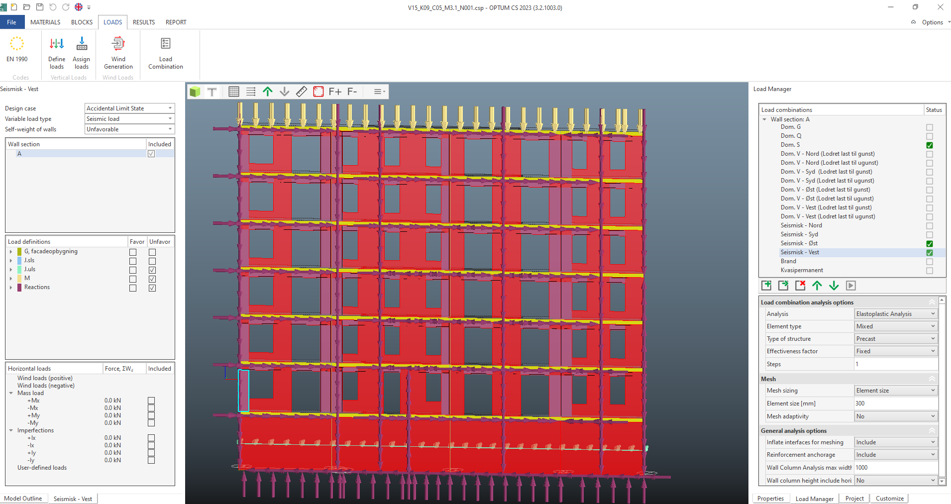 Wall elevation in OPTUM CS with applied loads