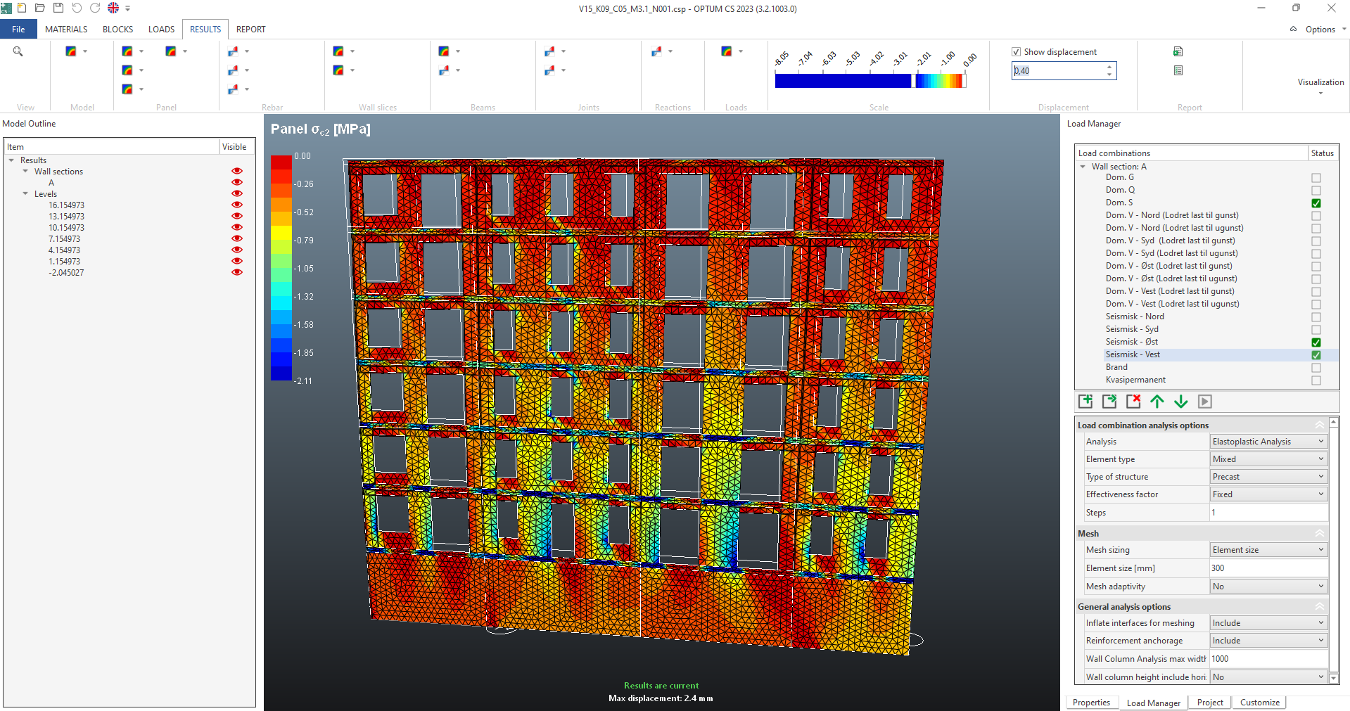 Wall elevation in OPTUM CS after analysis with calculated concrete stresses